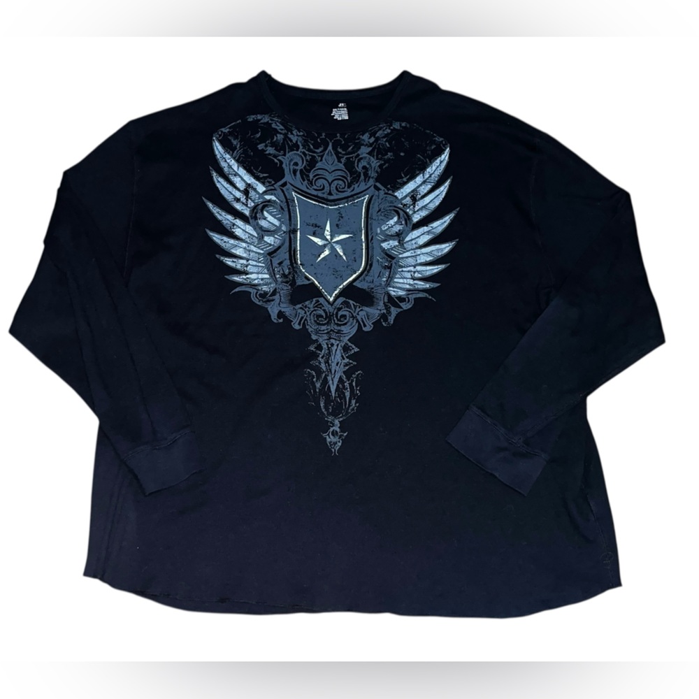 Men’s 3X Y2K waffle knit graphic thermal shirt goth black shield rocker grunge